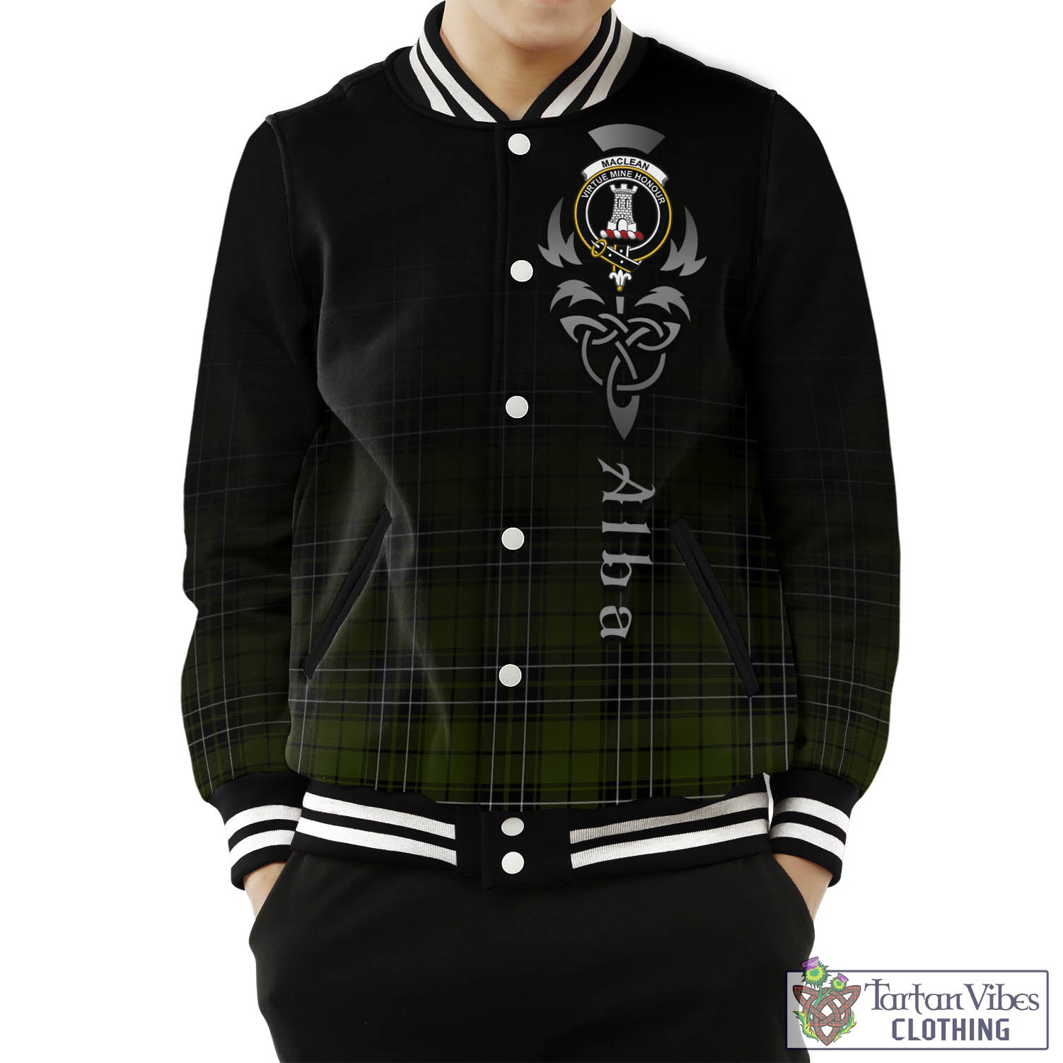 Tartan Vibes Clothing MacLean Hunting Tartan Baseball Jacket Featuring Alba Gu Brath Family Crest Celtic Inspired