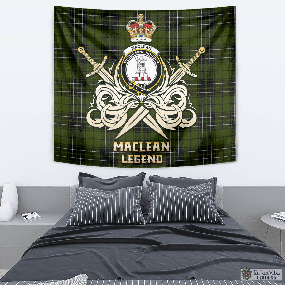 Tartan Vibes Clothing MacLean Hunting Tartan Tapestry with Clan Crest and the Golden Sword of Courageous Legacy