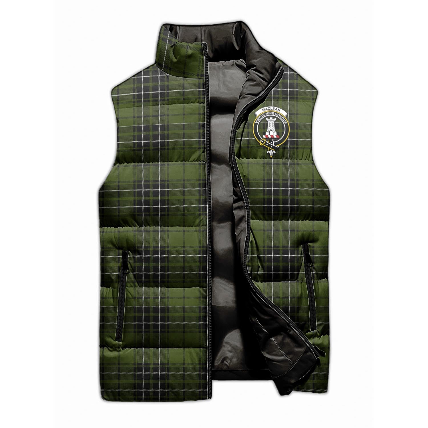 MacLean Hunting Tartan Sleeveless Puffer Jacket with Family Crest - Tartanvibesclothing