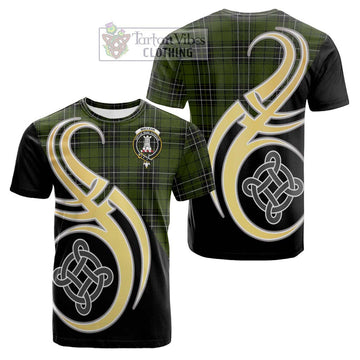 MacLean Hunting Tartan Cotton T-shirt with Family Crest and Celtic Symbol Style