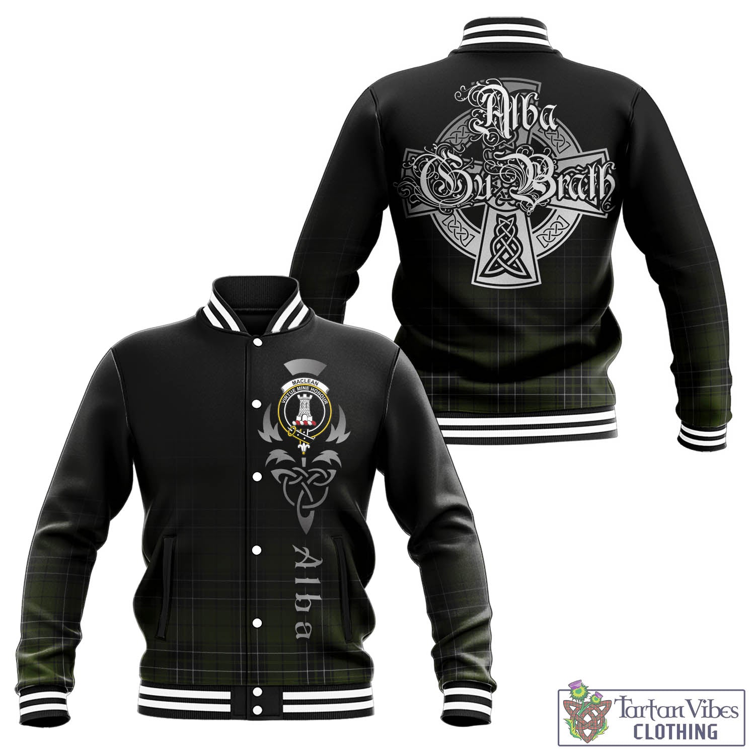 Tartan Vibes Clothing MacLean Hunting Tartan Baseball Jacket Featuring Alba Gu Brath Family Crest Celtic Inspired