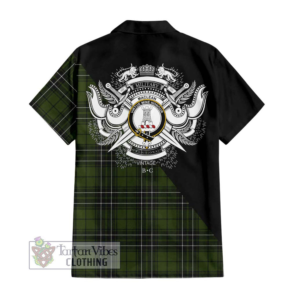 MacLean Hunting Tartan Short Sleeve Button Shirt with Family Crest and Military Logo Style - Tartanvibesclothing Shop