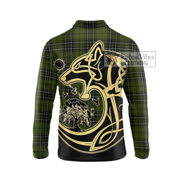 MacLean Hunting Tartan Long Sleeve Polo Shirt with Family Crest Celtic Wolf Style