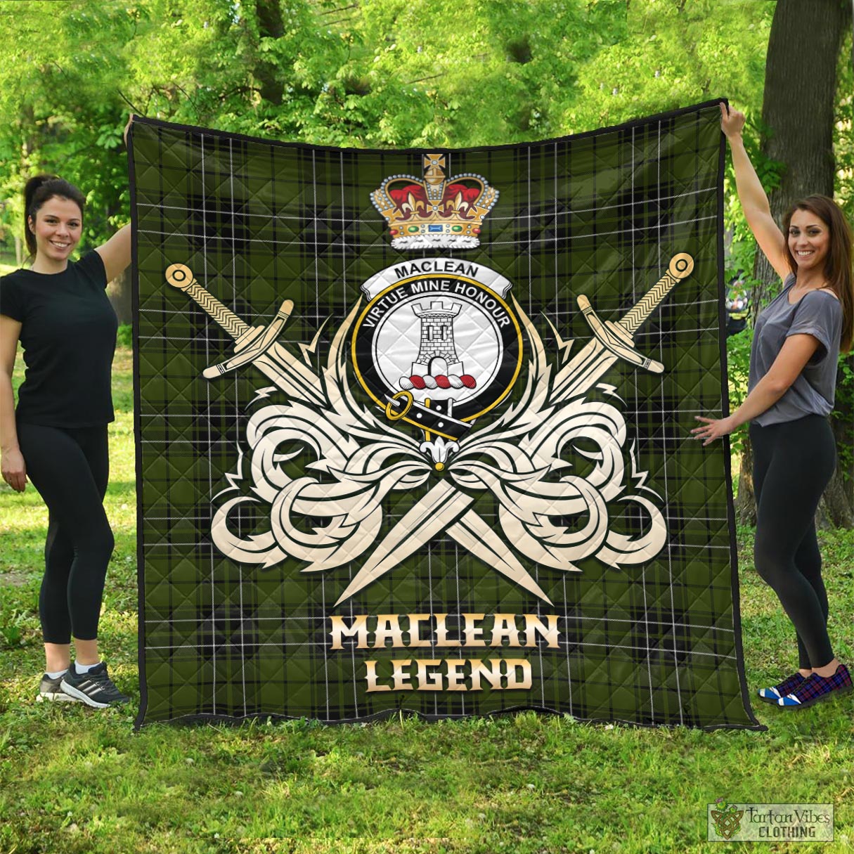 Tartan Vibes Clothing MacLean Hunting Tartan Quilt with Clan Crest and the Golden Sword of Courageous Legacy