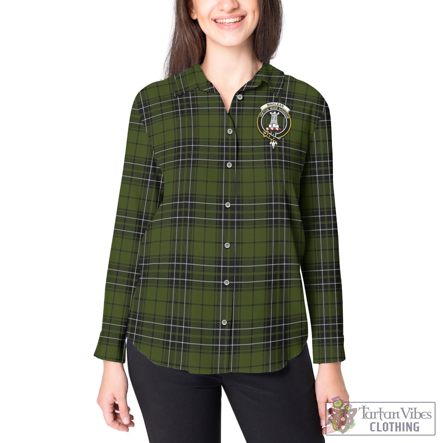 Tartan Vibes Clothing MacLean Hunting Tartan Womens Casual Shirt with Family Crest