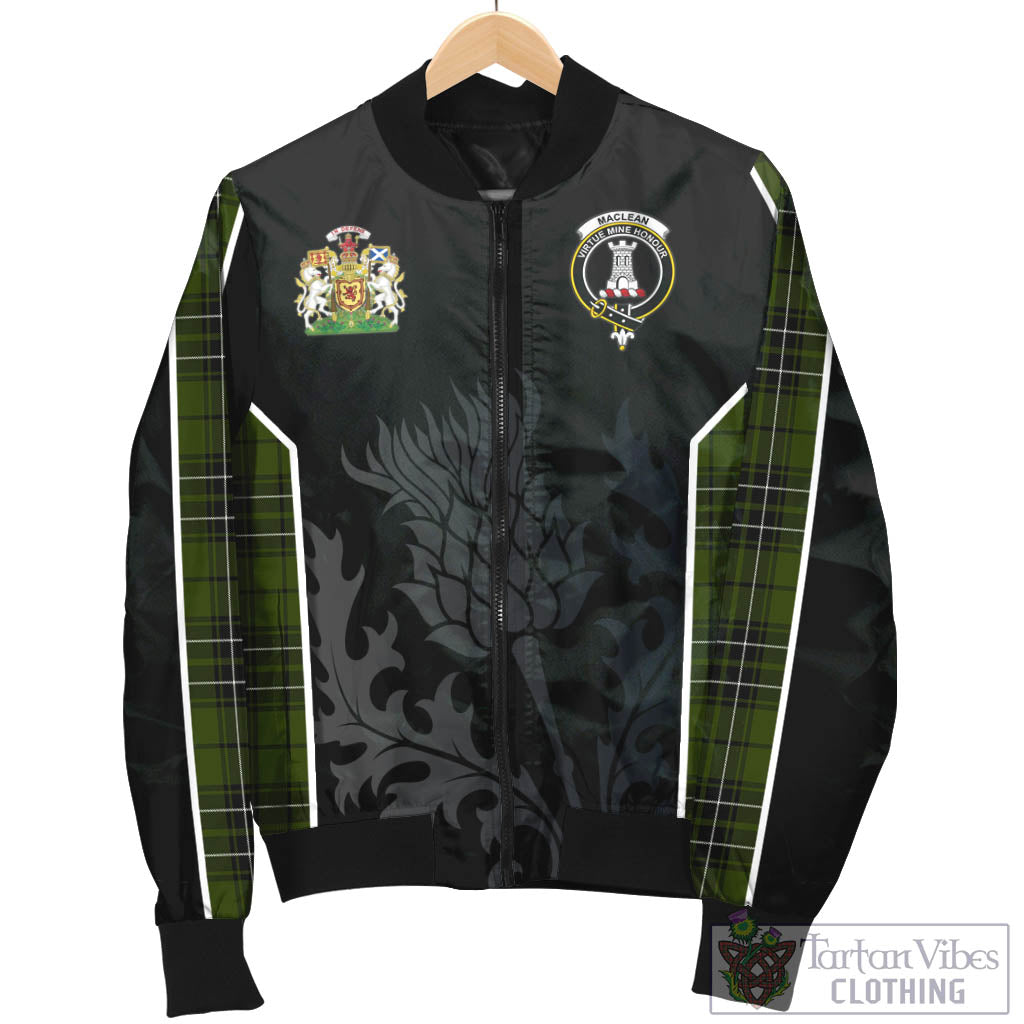 Tartan Vibes Clothing MacLean Hunting Tartan Bomber Jacket with Family Crest and Scottish Thistle Vibes Sport Style