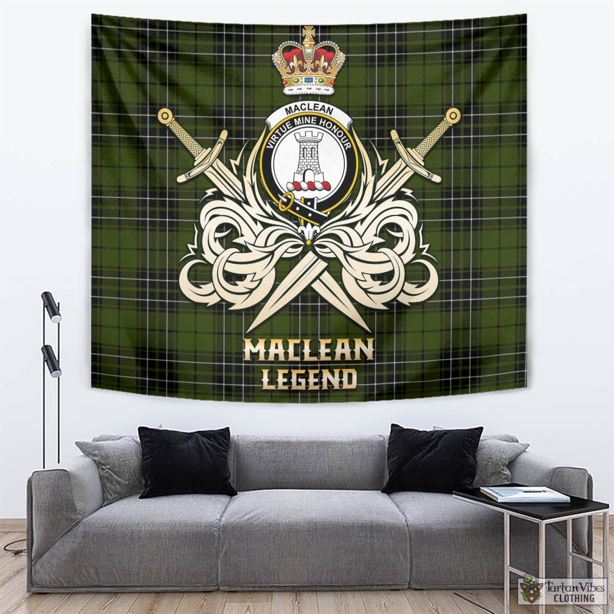 Tartan Vibes Clothing MacLean Hunting Tartan Tapestry with Clan Crest and the Golden Sword of Courageous Legacy