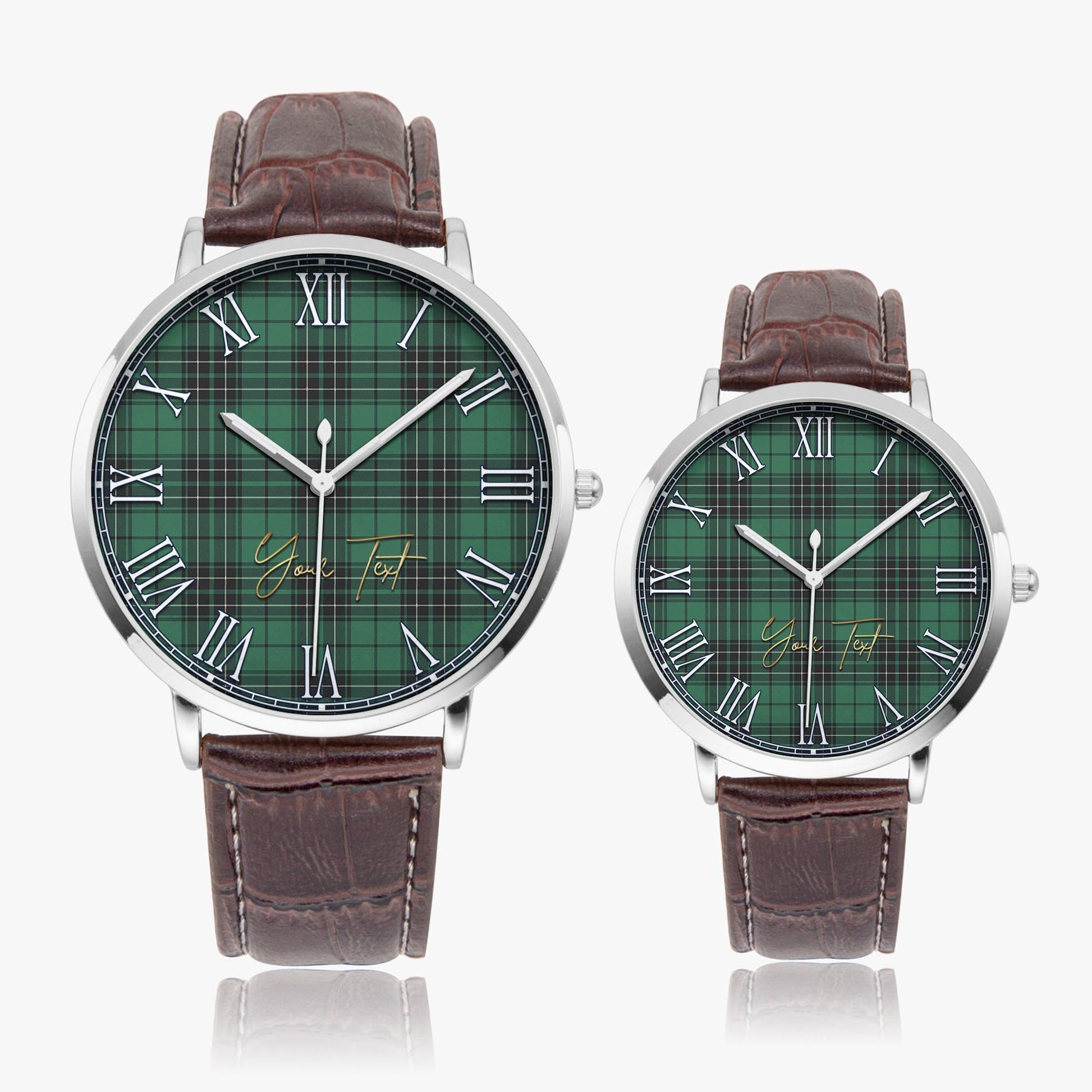 MacLean Hunting Ancient Tartan Personalized Your Text Leather Trap Quartz Watch Ultra Thin Silver Case With Brown Leather Strap - Tartanvibesclothing