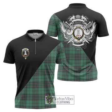 MacLean Hunting Ancient Tartan Zipper Polo Shirt with Family Crest and Military Logo Style