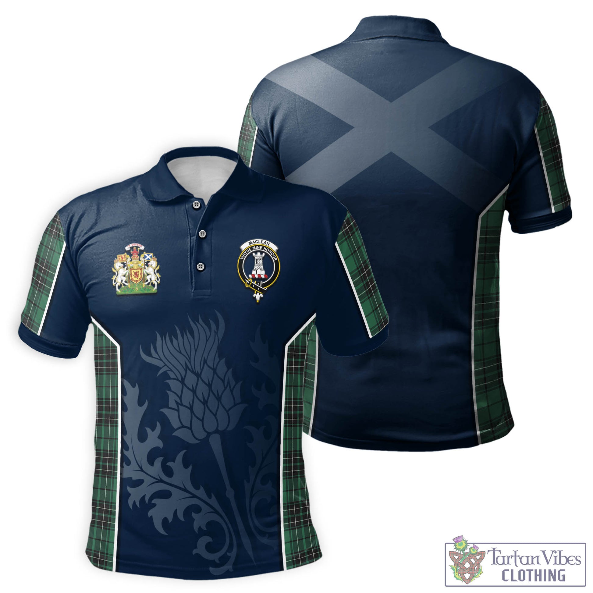 Tartan Vibes Clothing MacLean Hunting Ancient Tartan Men's Polo Shirt with Family Crest and Scottish Thistle Vibes Sport Style