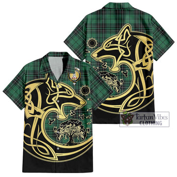 MacLean Hunting Ancient Tartan Short Sleeve Button Shirt with Family Crest Celtic Wolf Style