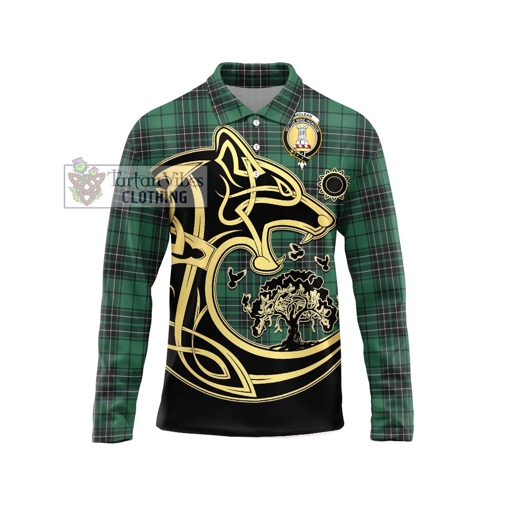 MacLean Hunting Ancient Tartan Long Sleeve Polo Shirt with Family Crest Celtic Wolf Style Unisex - Tartanvibesclothing Shop