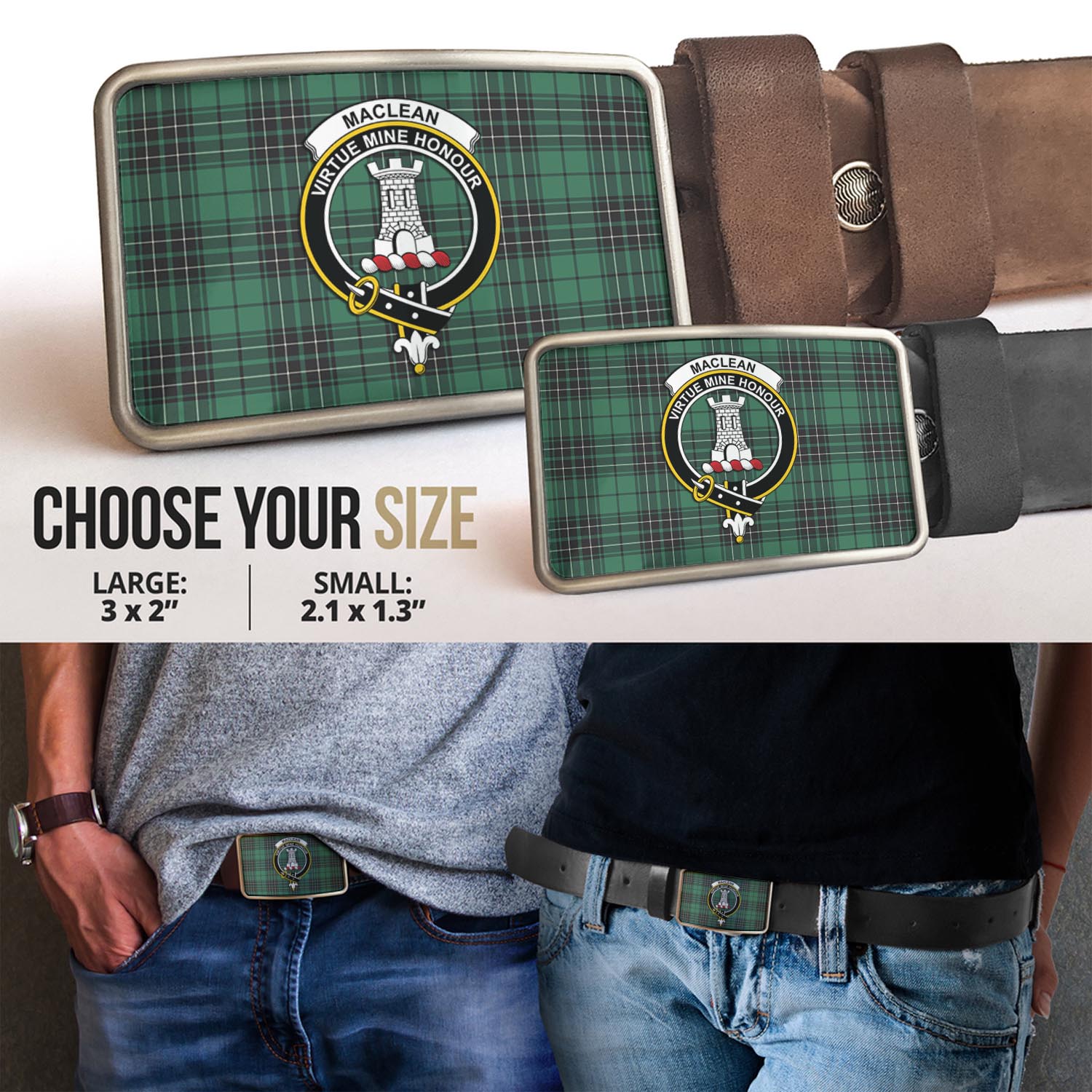 MacLean Hunting Ancient Tartan Belt Buckles with Family Crest - Tartanvibesclothing