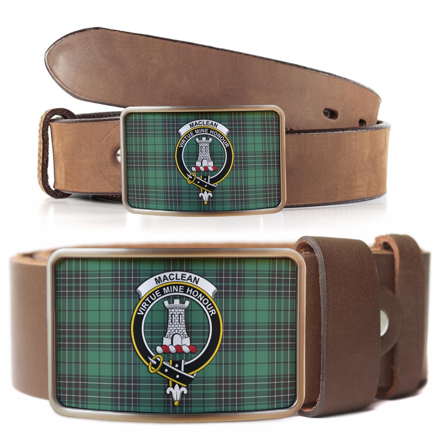 MacLean Hunting Ancient Tartan Belt Buckles with Family Crest - Tartanvibesclothing