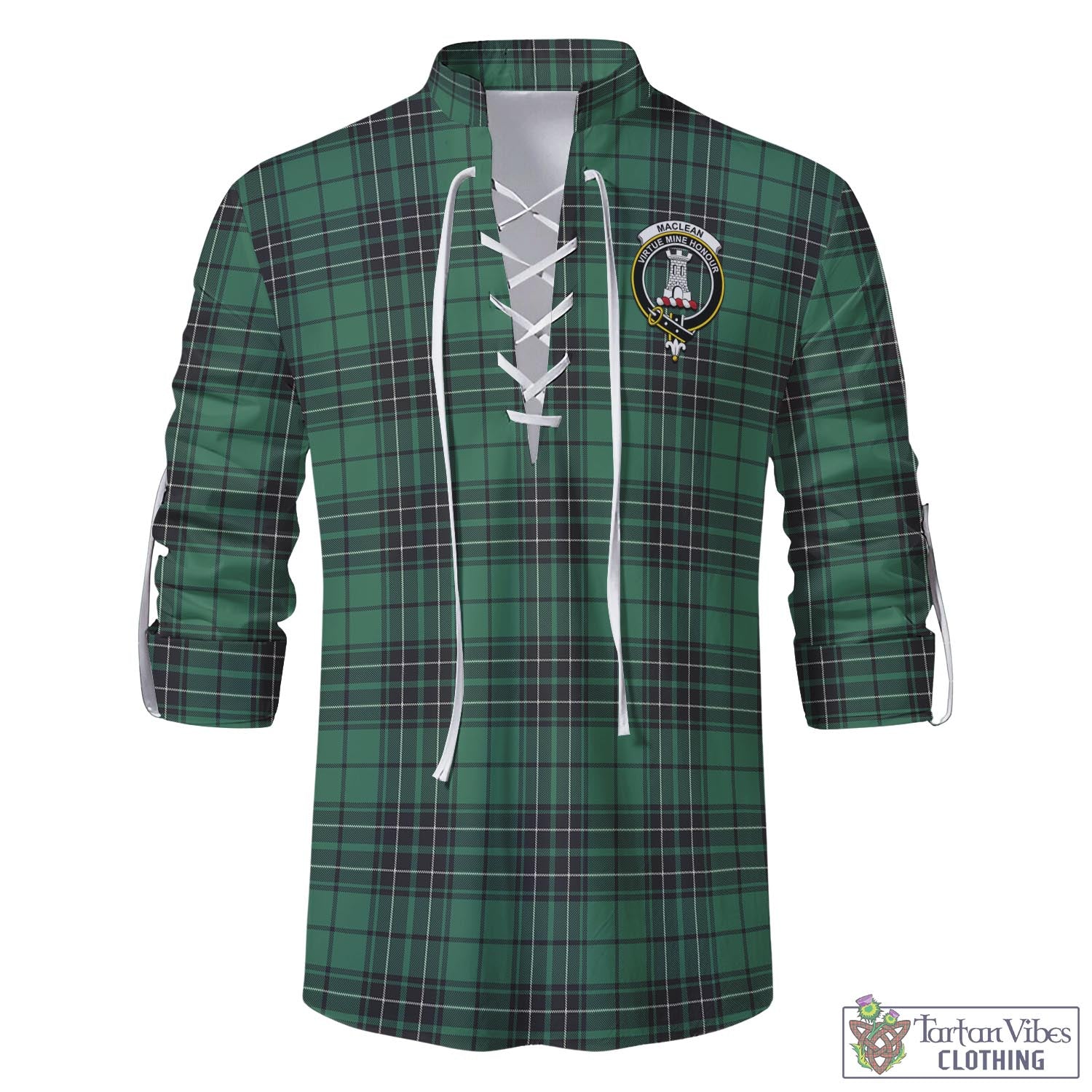Tartan Vibes Clothing MacLean Hunting Ancient Tartan Men's Scottish Traditional Jacobite Ghillie Kilt Shirt with Family Crest