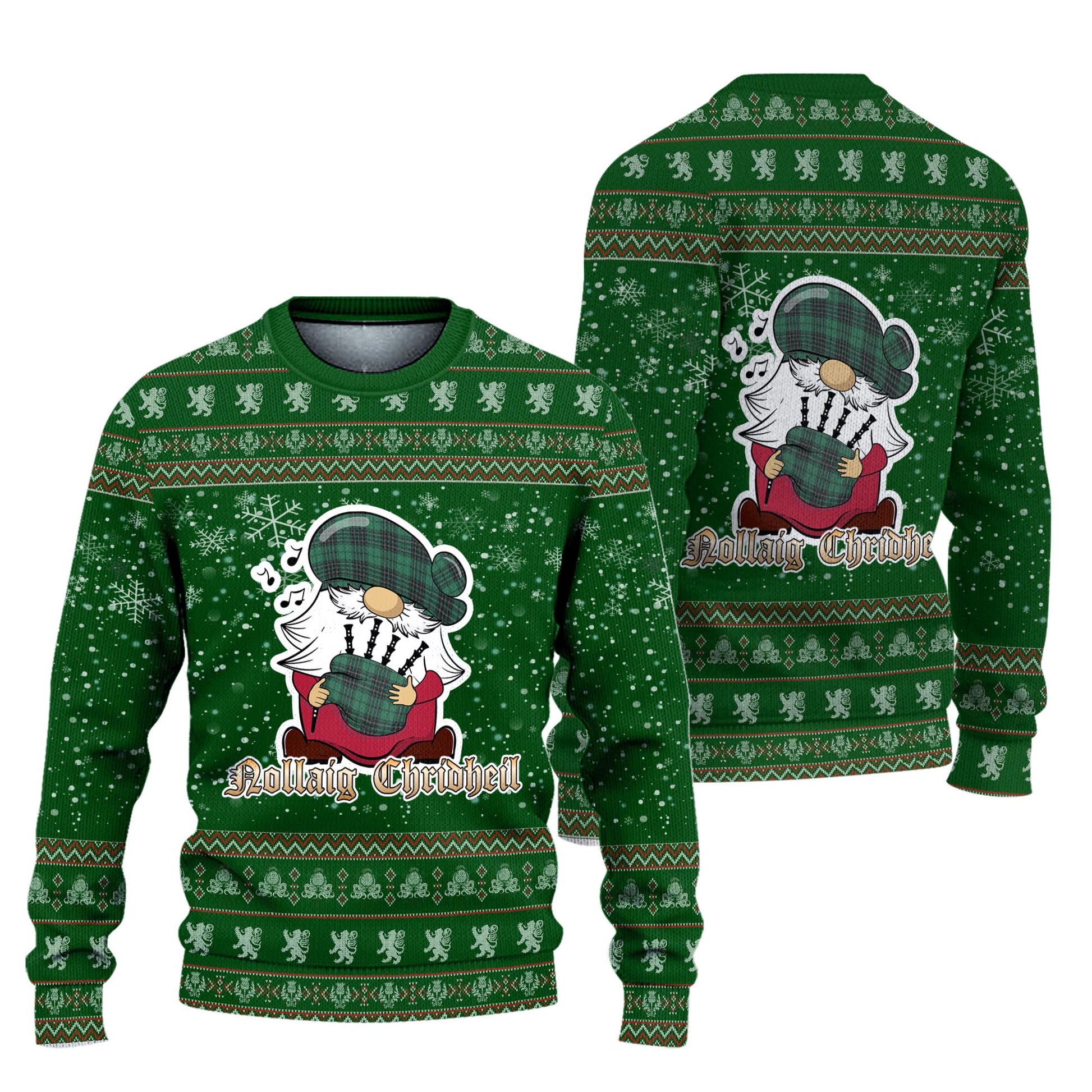 MacLean Hunting Ancient Clan Christmas Family Knitted Sweater with Funny Gnome Playing Bagpipes Unisex Green - Tartanvibesclothing