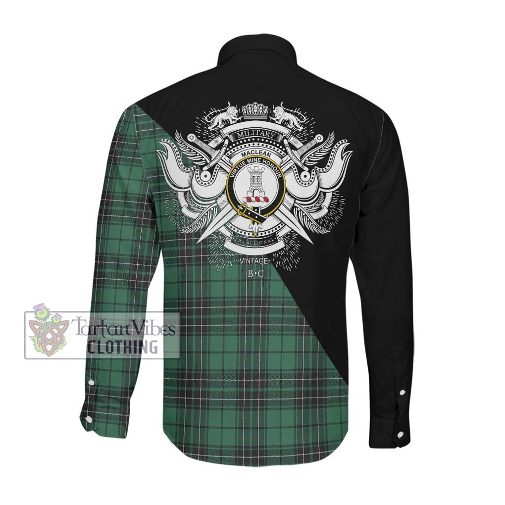 MacLean Hunting Ancient Tartan Long Sleeve Button Shirt with Family Crest and Military Logo Style Men's Shirt - Tartanvibesclothing Shop