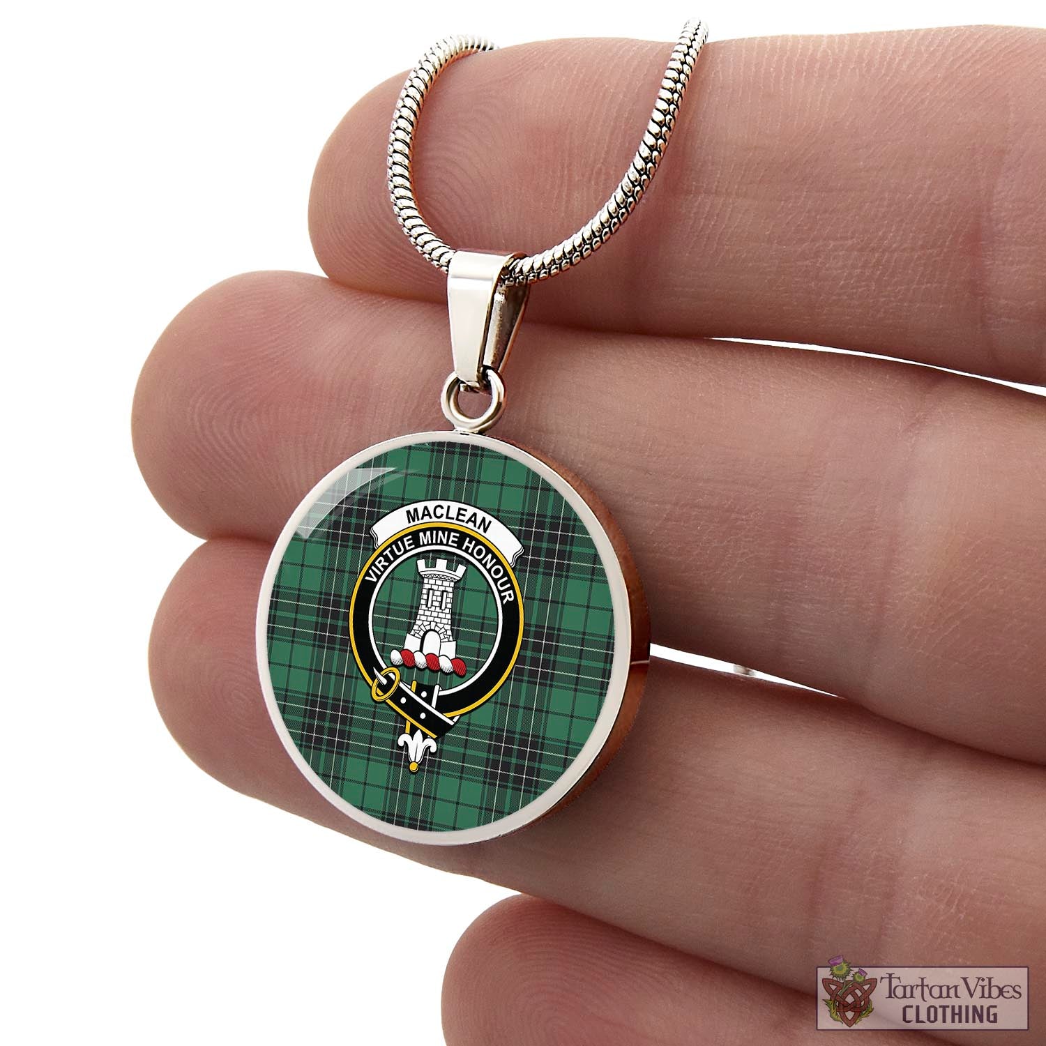 Tartan Vibes Clothing MacLean Hunting Ancient Tartan Circle Necklace with Family Crest