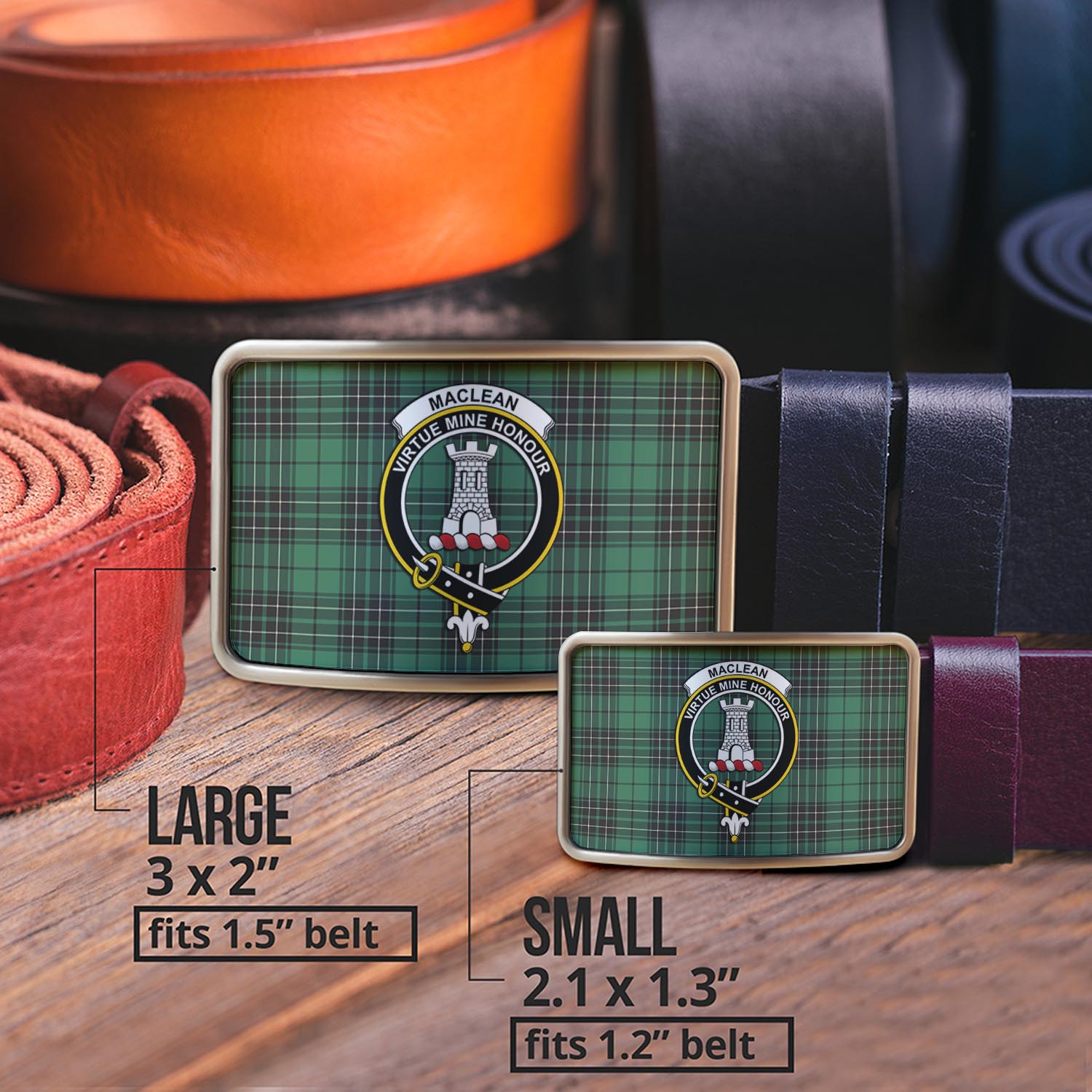 MacLean Hunting Ancient Tartan Belt Buckles with Family Crest - Tartanvibesclothing