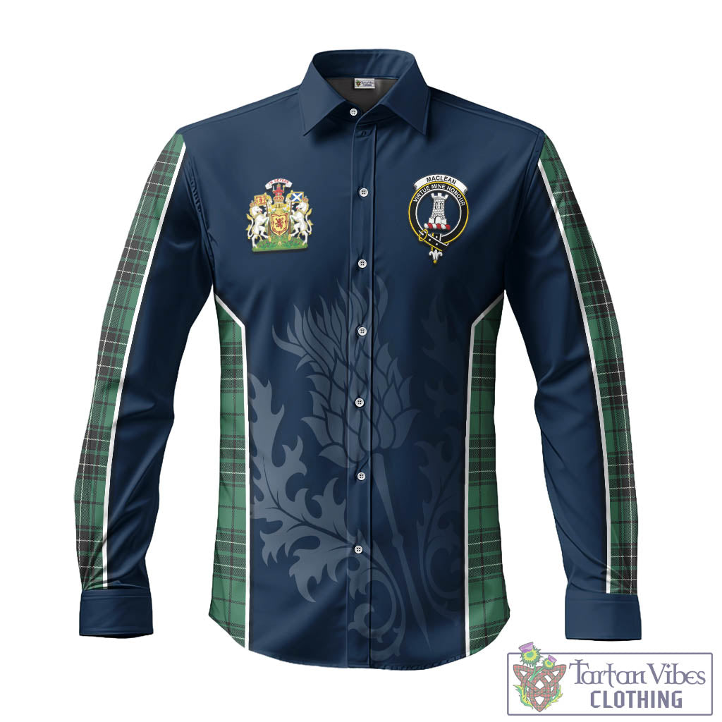 Tartan Vibes Clothing MacLean Hunting Ancient Tartan Long Sleeve Button Up Shirt with Family Crest and Scottish Thistle Vibes Sport Style