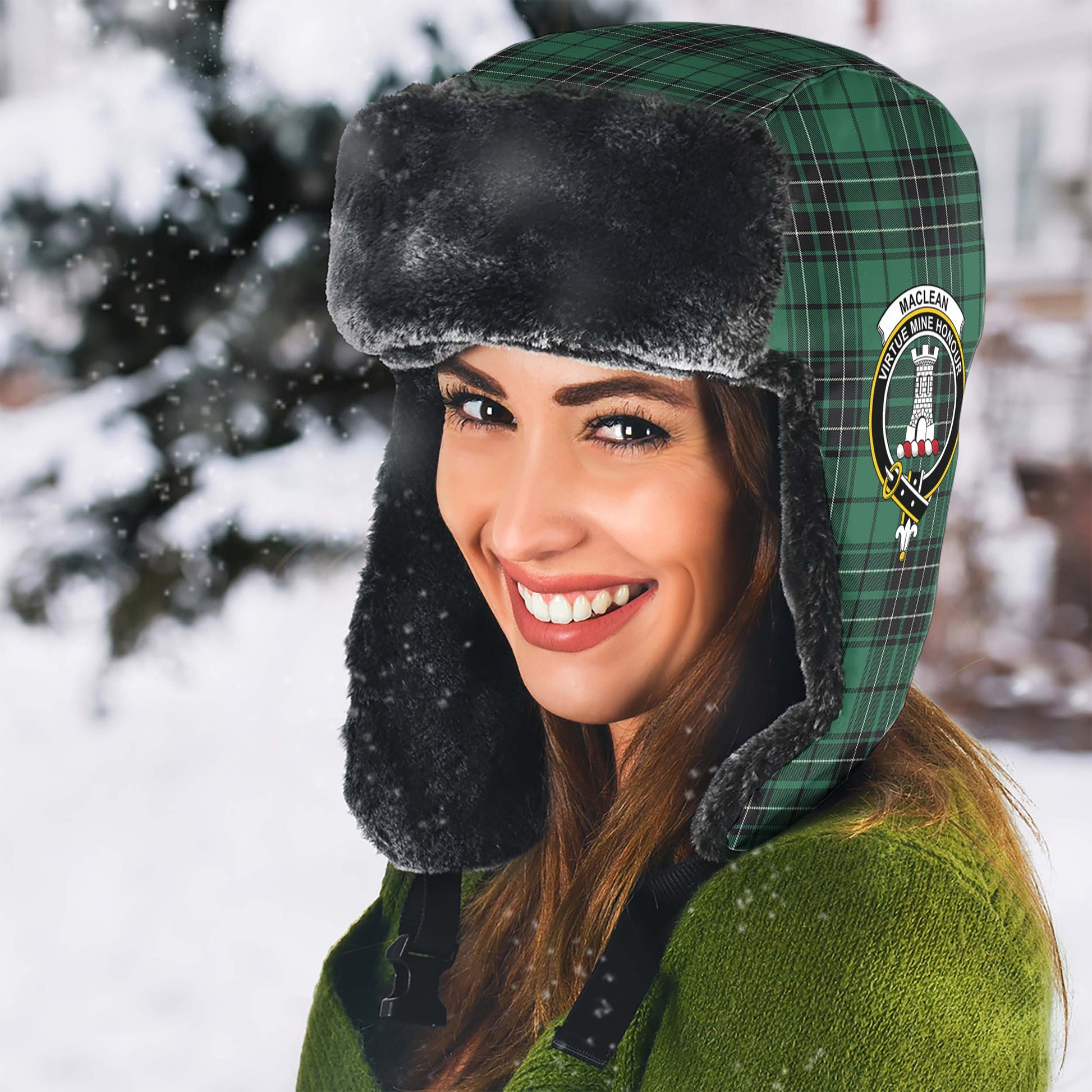 MacLean Hunting Ancient Tartan Winter Trapper Hat with Family Crest - Tartanvibesclothing