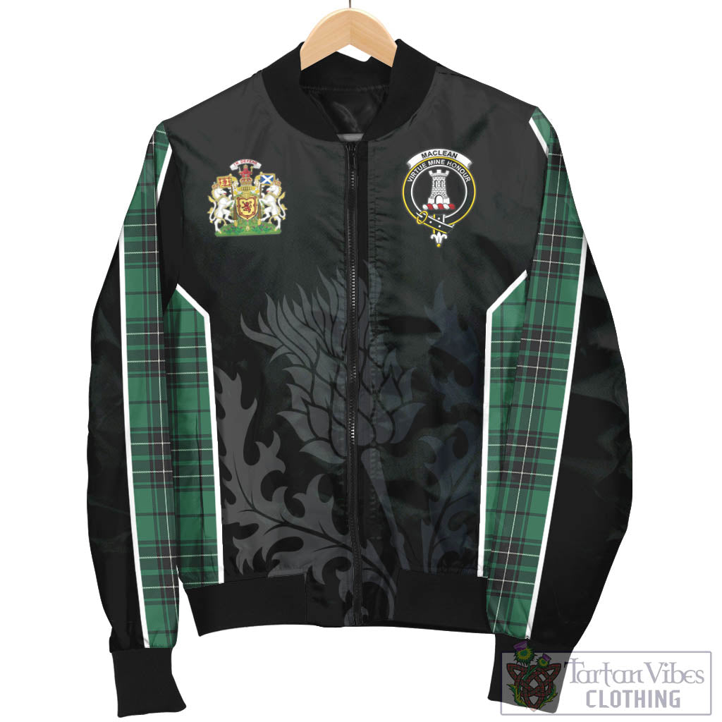 Tartan Vibes Clothing MacLean Hunting Ancient Tartan Bomber Jacket with Family Crest and Scottish Thistle Vibes Sport Style