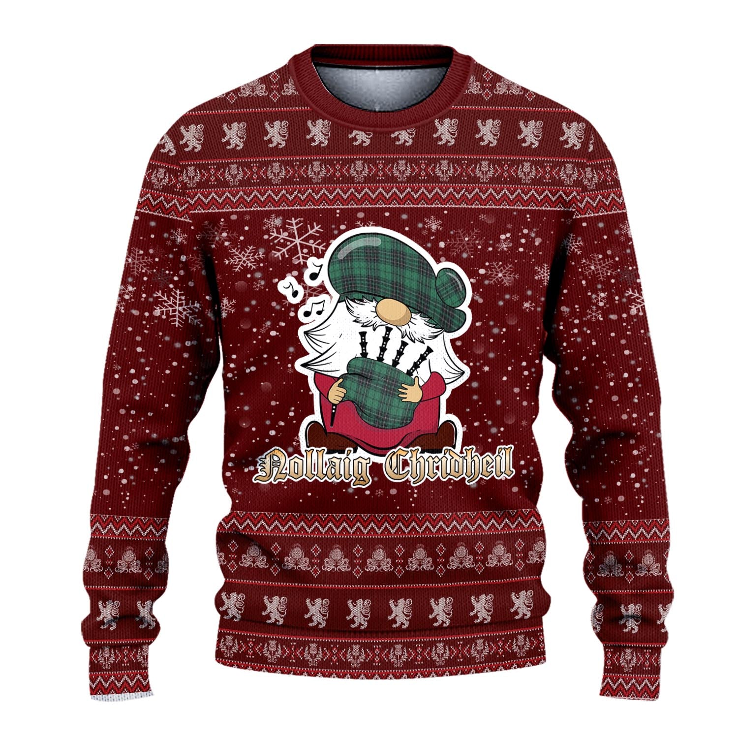 MacLean Hunting Ancient Clan Christmas Family Knitted Sweater with Funny Gnome Playing Bagpipes - Tartanvibesclothing