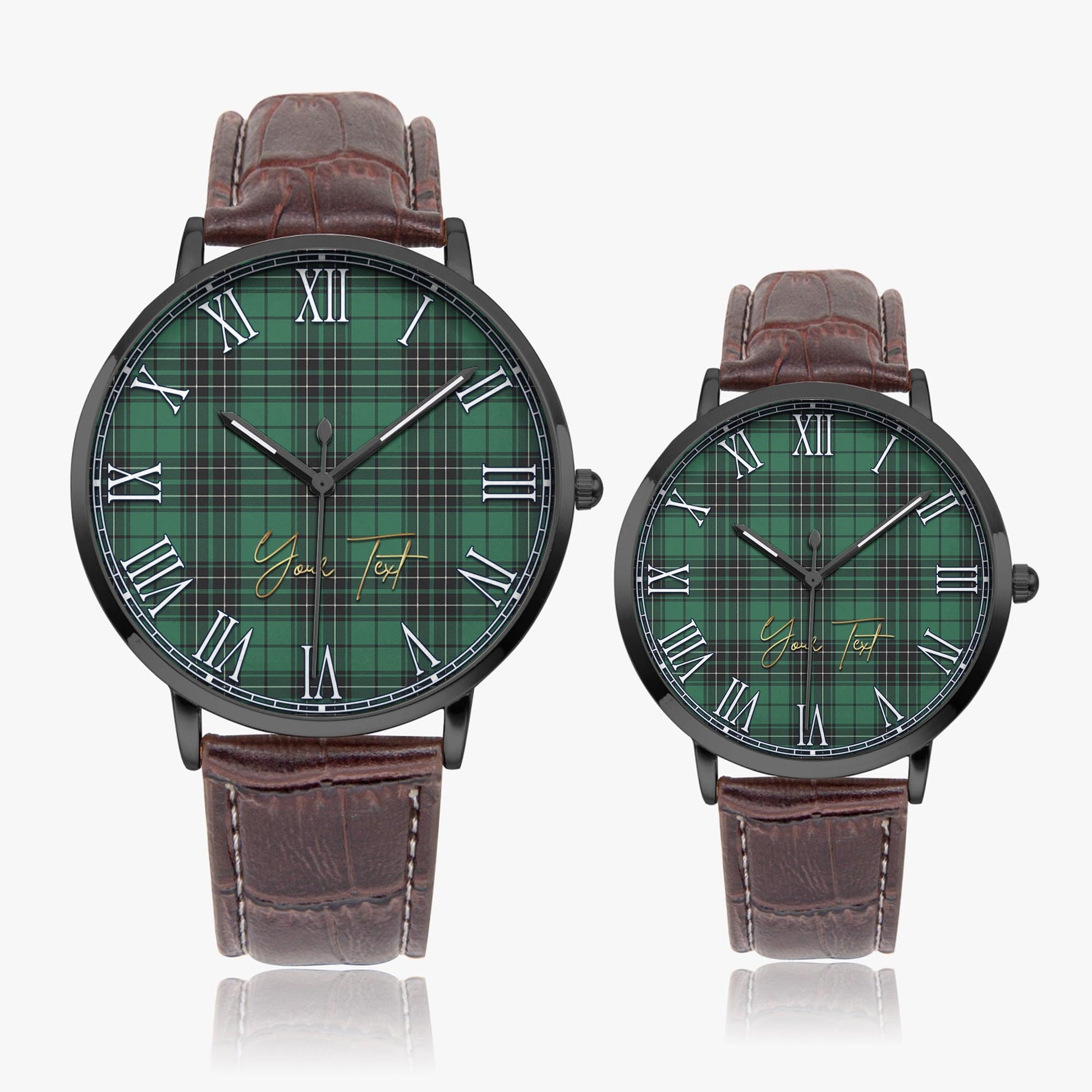 MacLean Hunting Ancient Tartan Personalized Your Text Leather Trap Quartz Watch Ultra Thin Black Case With Brown Leather Strap - Tartanvibesclothing