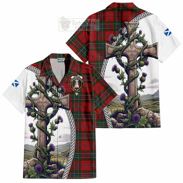 MacLean (McLean) Tartan Short Sleeve Button Shirt with Family Crest and St. Andrew's Cross Accented by Thistle Vines