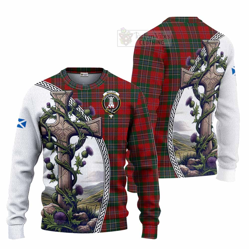 Tartan Vibes Clothing MacLean (McLean) Tartan Knitted Sweater with Family Crest and St. Andrew's Cross Accented by Thistle Vines