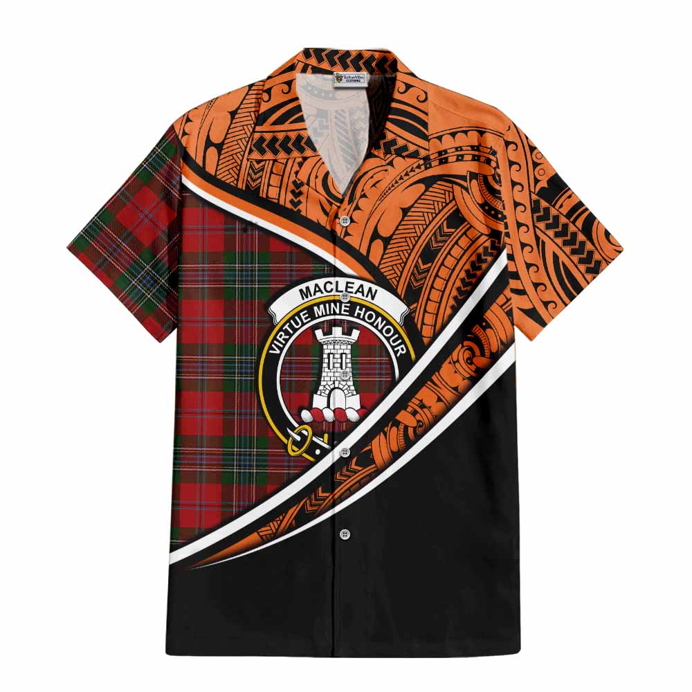 Tartan Vibes Clothing MacLean (McLean) Crest Tartan Short Sleeve Button Shirt with Maori Tattoo Style - Orange Version