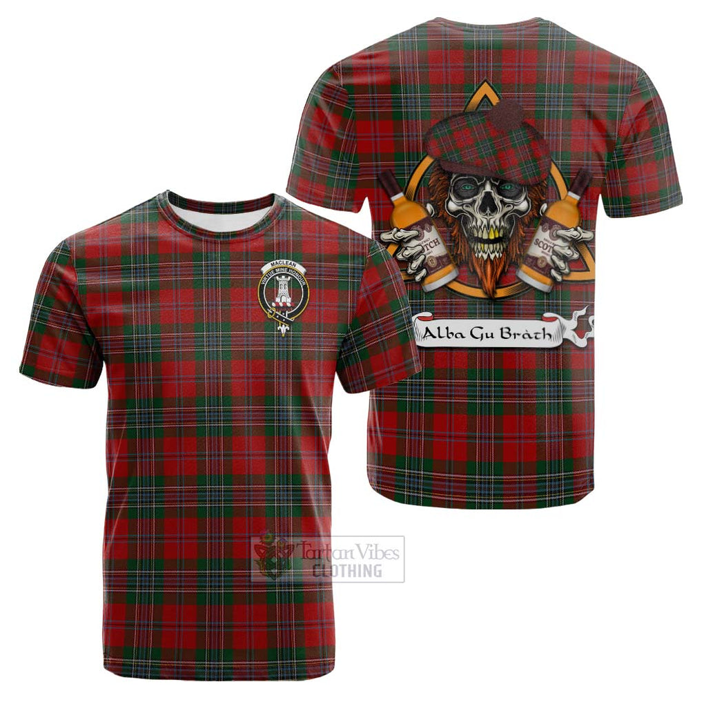 Tartan Vibes Clothing MacLean (McLean) Tartan Cotton T-shirt with Family Crest and Bearded Skull Holding Bottles of Whiskey