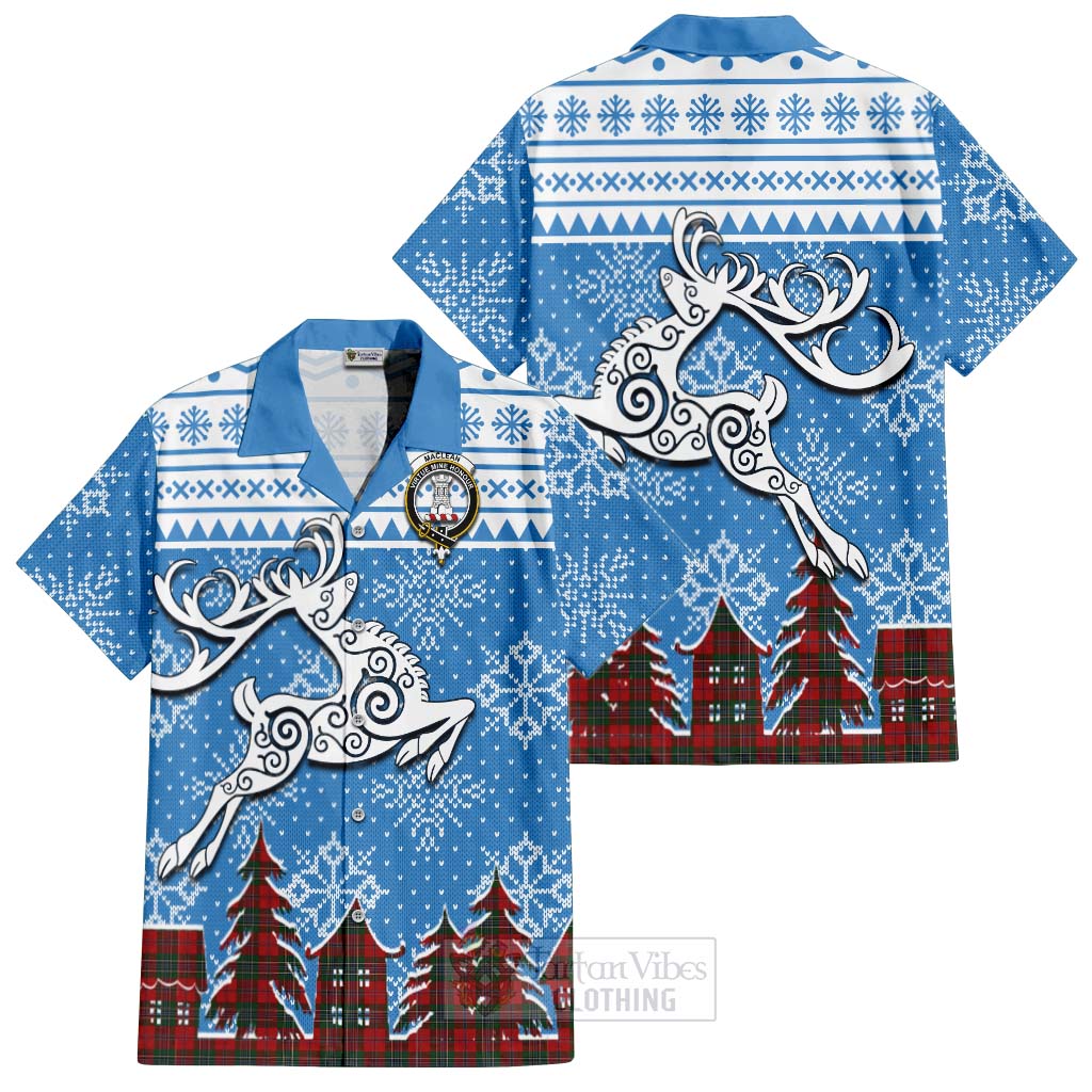 Tartan Vibes Clothing MacLean (McLean) Clan Christmas Short Sleeve Button Shirt Celtic Reindeer Style