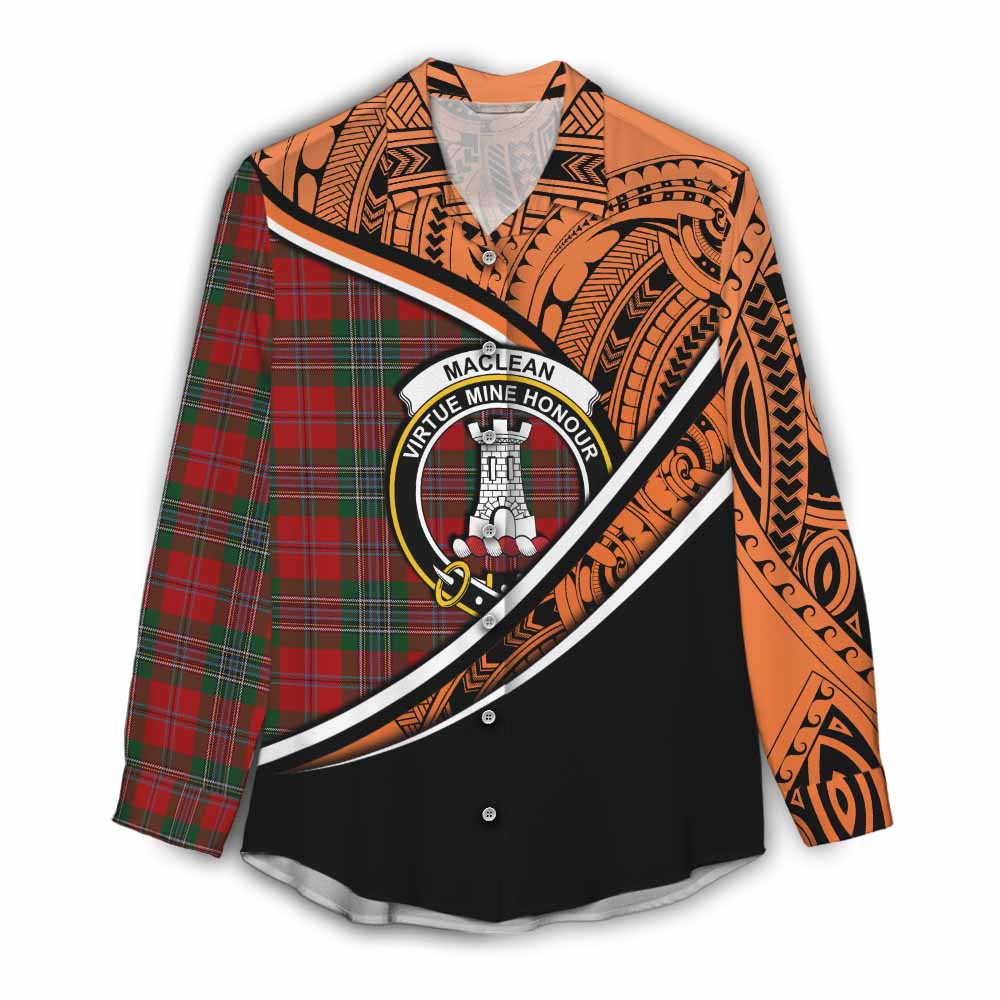 Tartan Vibes Clothing MacLean (McLean) Crest Tartan Women's Casual Shirt with Maori Tattoo Style - Orange Version