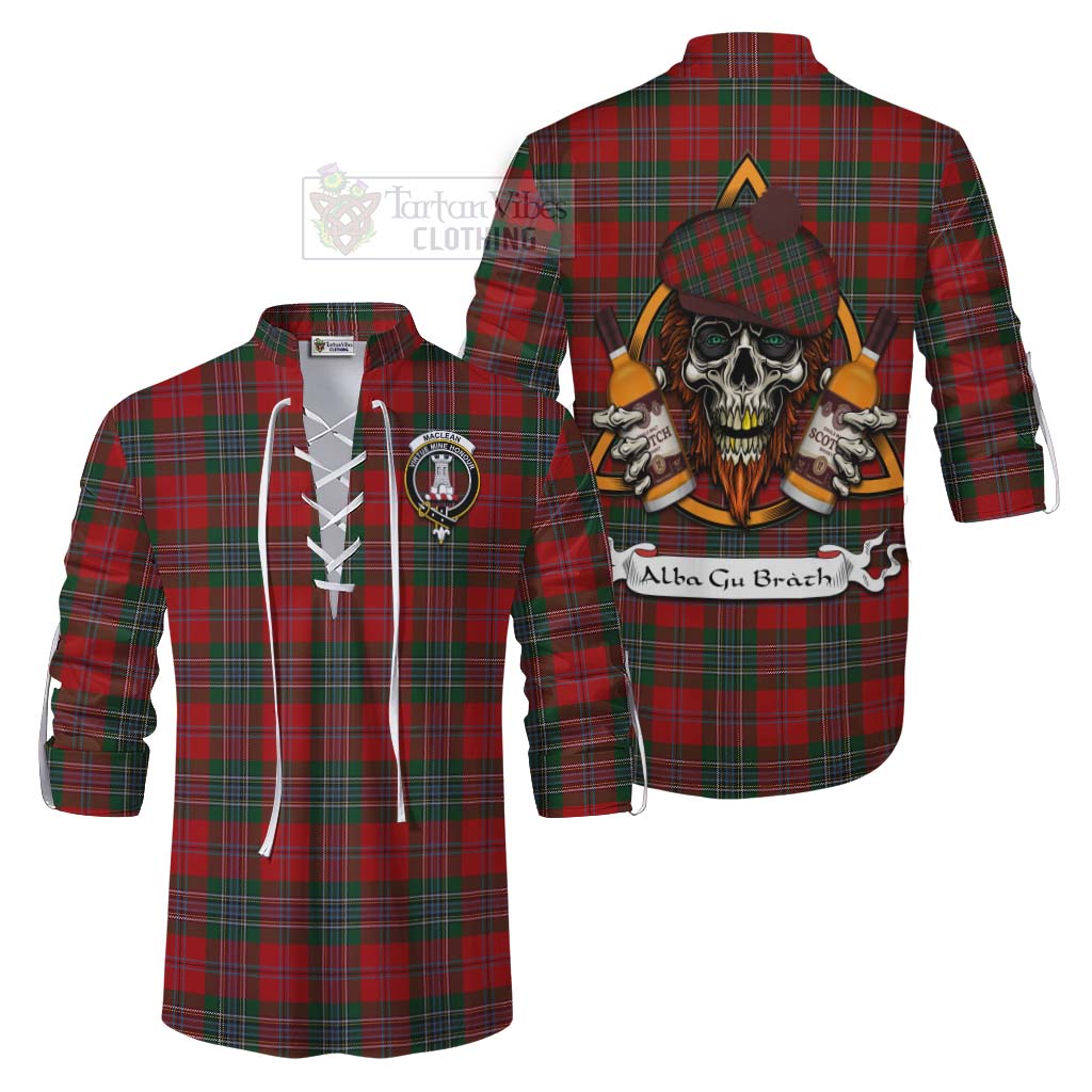 Tartan Vibes Clothing MacLean (McLean) Tartan Ghillie Kilt Shirt with Family Crest and Bearded Skull Holding Bottles of Whiskey