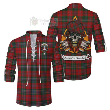 MacLean (McLean) Tartan Ghillie Kilt Shirt with Family Crest and Bearded Skull Holding Bottles of Whiskey