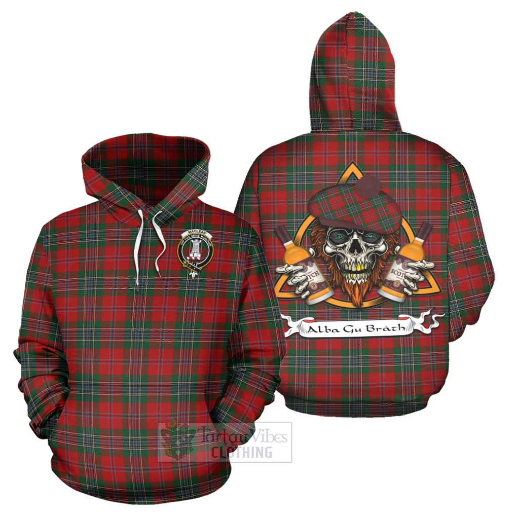 Tartan Vibes Clothing MacLean (McLean) Tartan Hoodie with Family Crest and Bearded Skull Holding Bottles of Whiskey