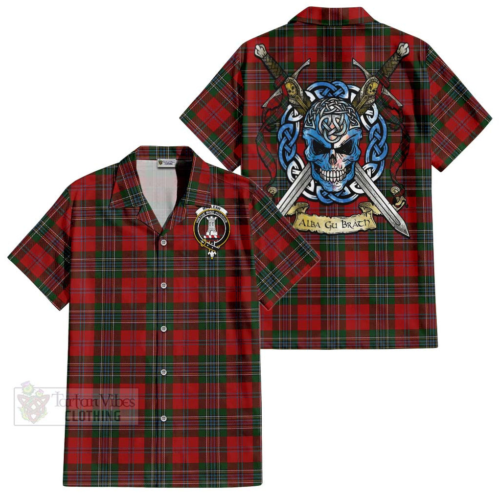 Tartan Vibes Clothing MacLean (McLean) Tartan Short Sleeve Button Shirt with Family Crest Celtic Skull Style