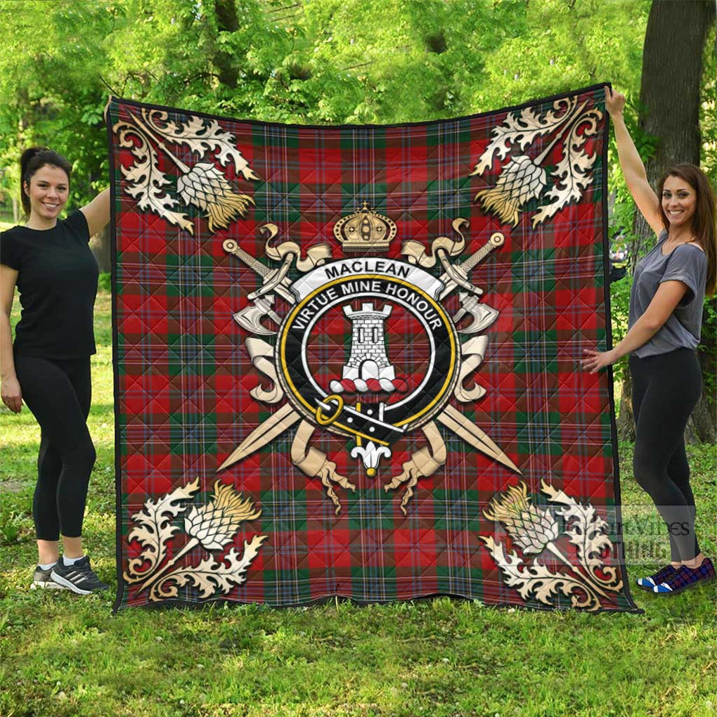 Tartan Vibes Clothing MacLean (McLean) Tartan Quilt with Family Crest and Scottish Golden Courage Shield