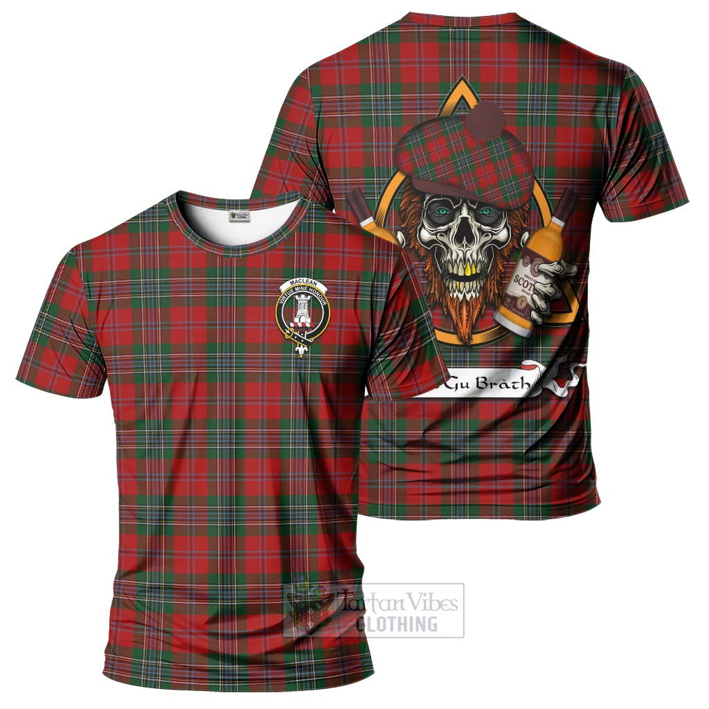 Tartan Vibes Clothing MacLean (McLean) Tartan T-Shirt with Family Crest and Bearded Skull Holding Bottles of Whiskey