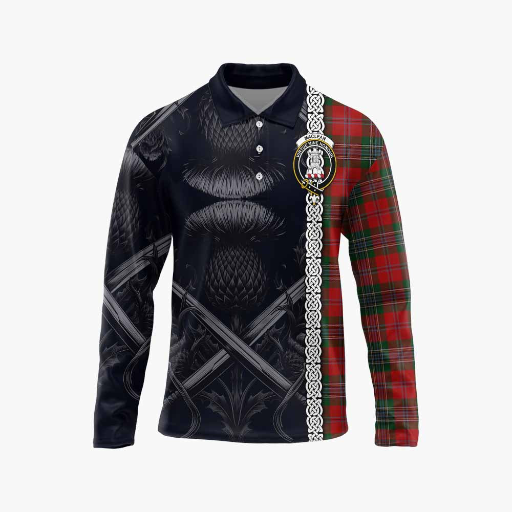 MacLean (McLean) Tartan Long Sleeve Polo Shirt with Family Crest Cross Sword Thistle Celtic Vibes Unisex - Tartan Vibes Clothing