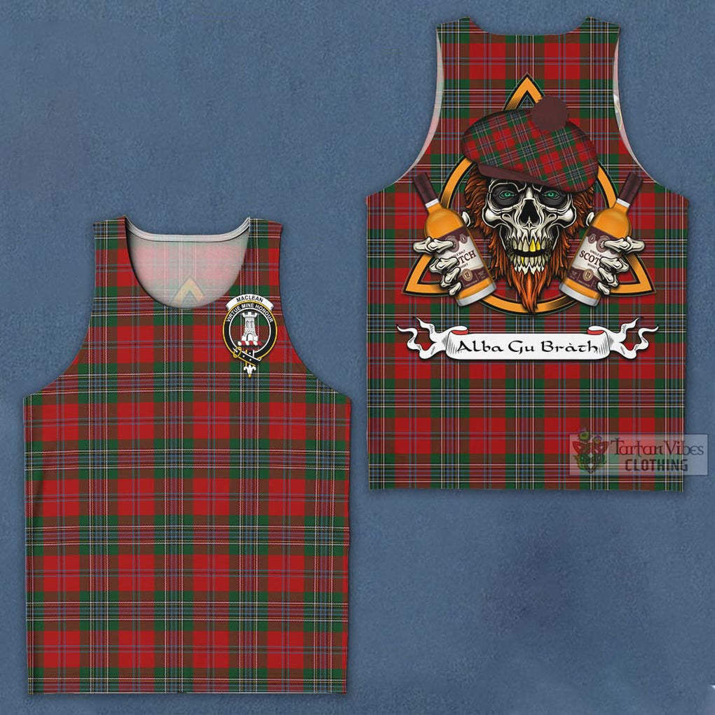 Tartan Vibes Clothing MacLean (McLean) Tartan Men's Tank Top with Family Crest and Bearded Skull Holding Bottles of Whiskey