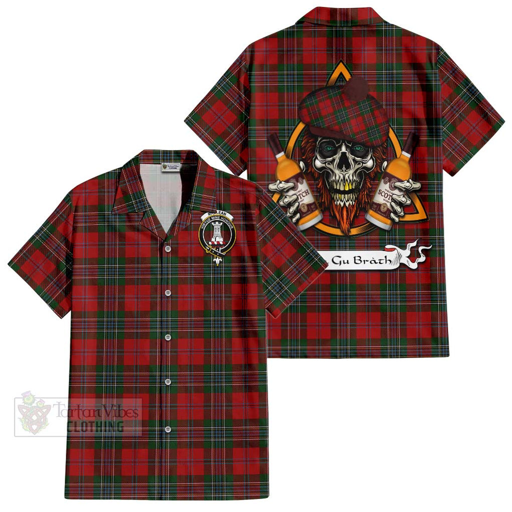 Tartan Vibes Clothing MacLean (McLean) Tartan Short Sleeve Button Shirt with Family Crest and Bearded Skull Holding Bottles of Whiskey