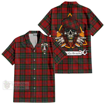 MacLean (McLean) Tartan Short Sleeve Button Shirt with Family Crest and Bearded Skull Holding Bottles of Whiskey