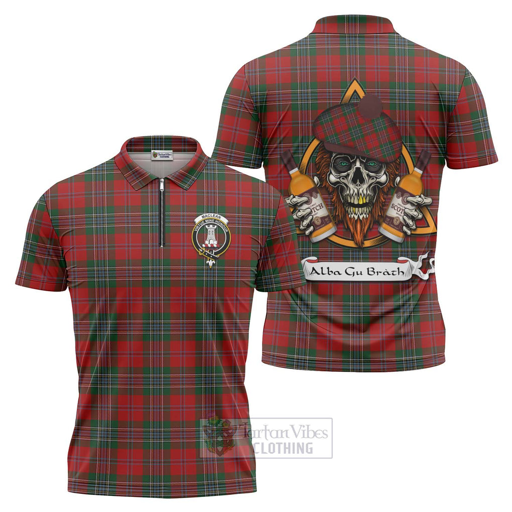 Tartan Vibes Clothing MacLean (McLean) Tartan Zipper Polo Shirt with Family Crest and Bearded Skull Holding Bottles of Whiskey