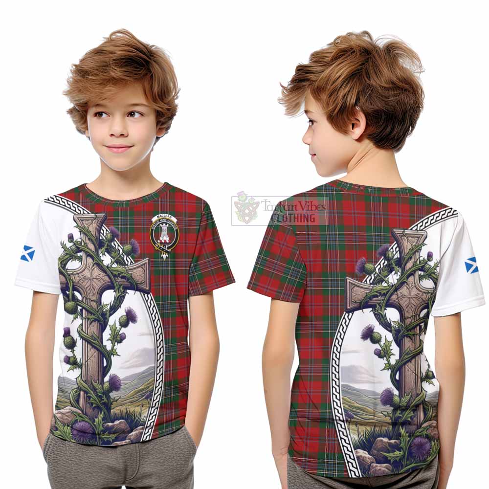 Tartan Vibes Clothing MacLean (McLean) Tartan Kid T-Shirt with Family Crest and St. Andrew's Cross Accented by Thistle Vines