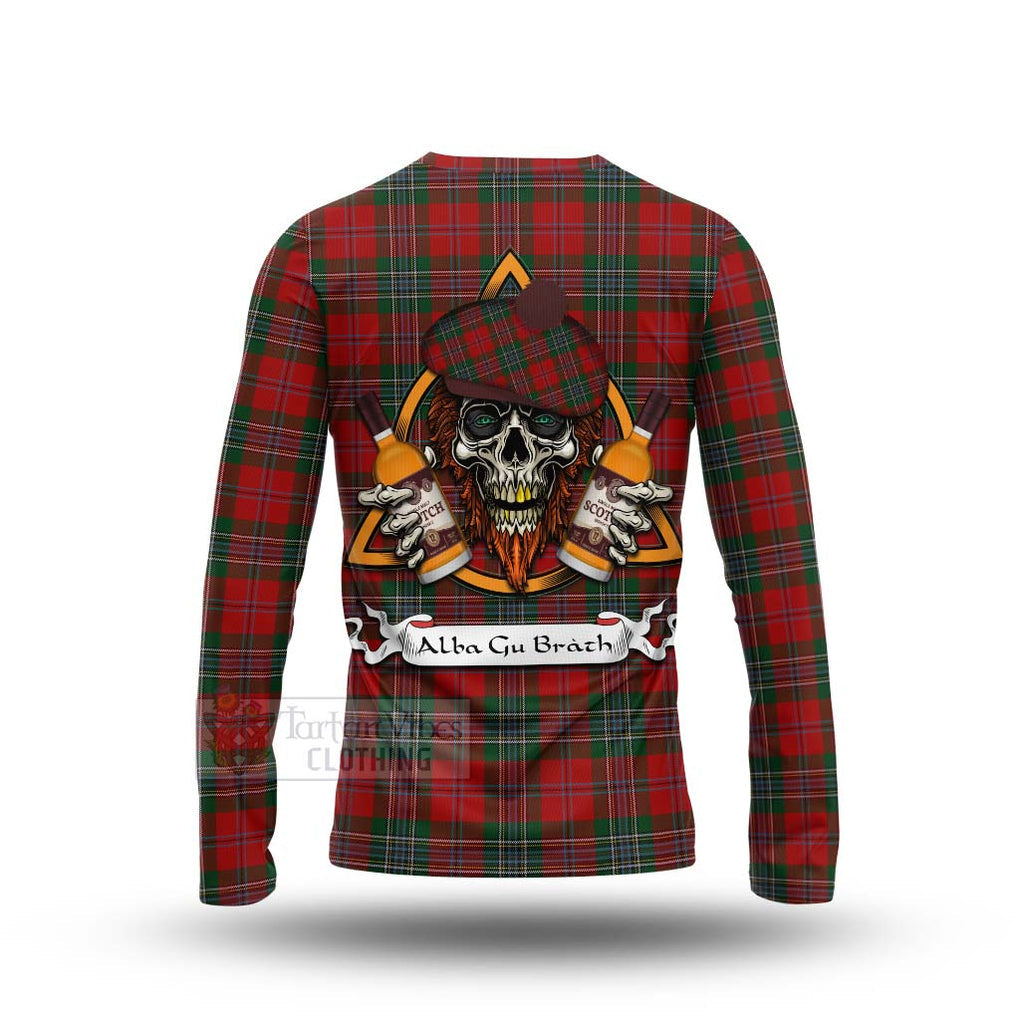 Tartan Vibes Clothing MacLean (McLean) Tartan Long Sleeve T-Shirt with Family Crest and Bearded Skull Holding Bottles of Whiskey