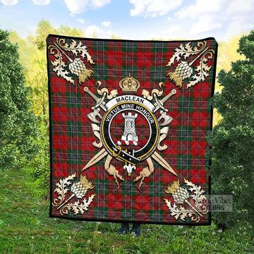 MacLean (McLean) Tartan Quilt with Family Crest and Golden Thistle Crossed Sword Design