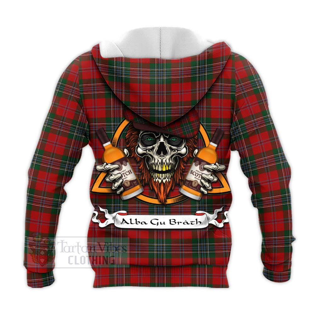 Tartan Vibes Clothing MacLean (McLean) Tartan Knitted Hoodie with Family Crest and Bearded Skull Holding Bottles of Whiskey