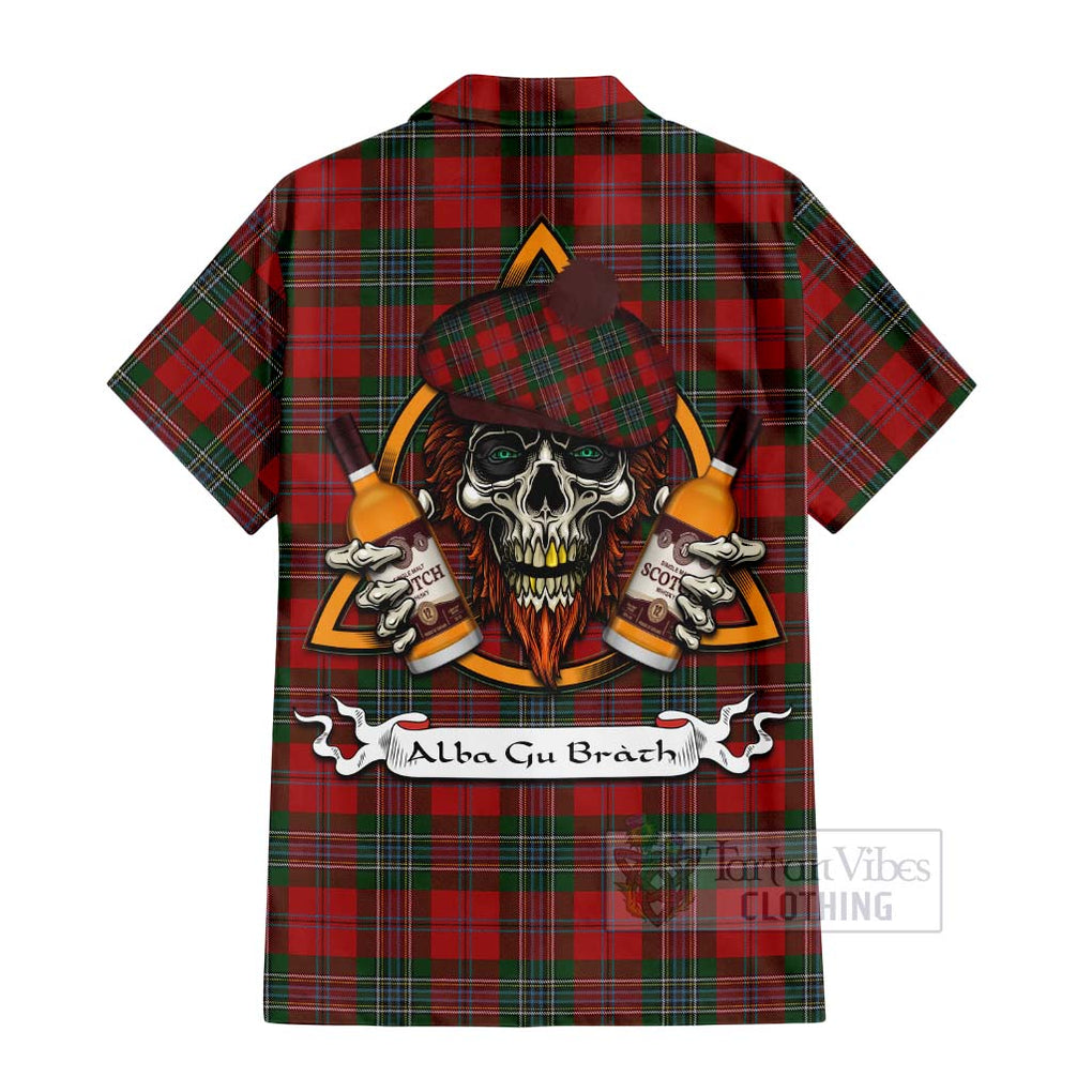 Tartan Vibes Clothing MacLean (McLean) Tartan Short Sleeve Button Shirt with Family Crest and Bearded Skull Holding Bottles of Whiskey